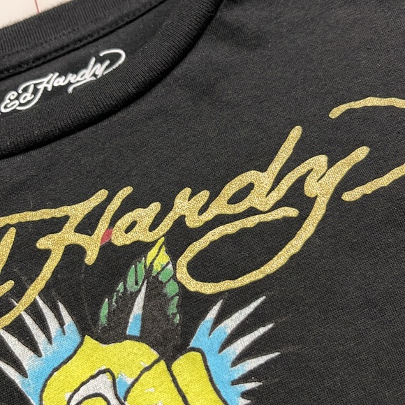 ED HARDY Novelty Print Black Crop Short SLV T-Shirt SZ L (youth) XS/S (adult) - Picture 10 of 15